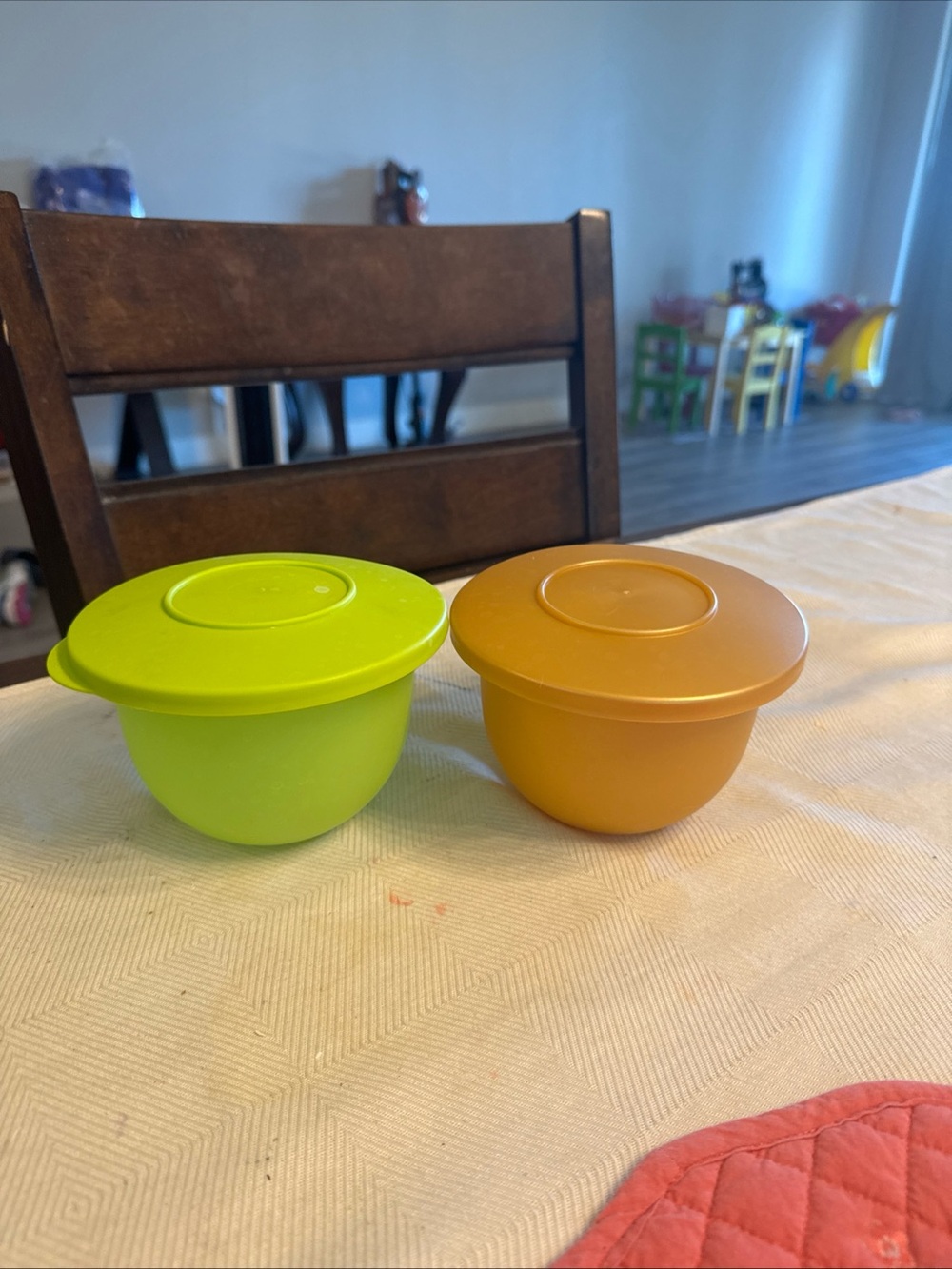 Set of Two Small Lidded Snack Bowls in Lime Green & gold Tupperware